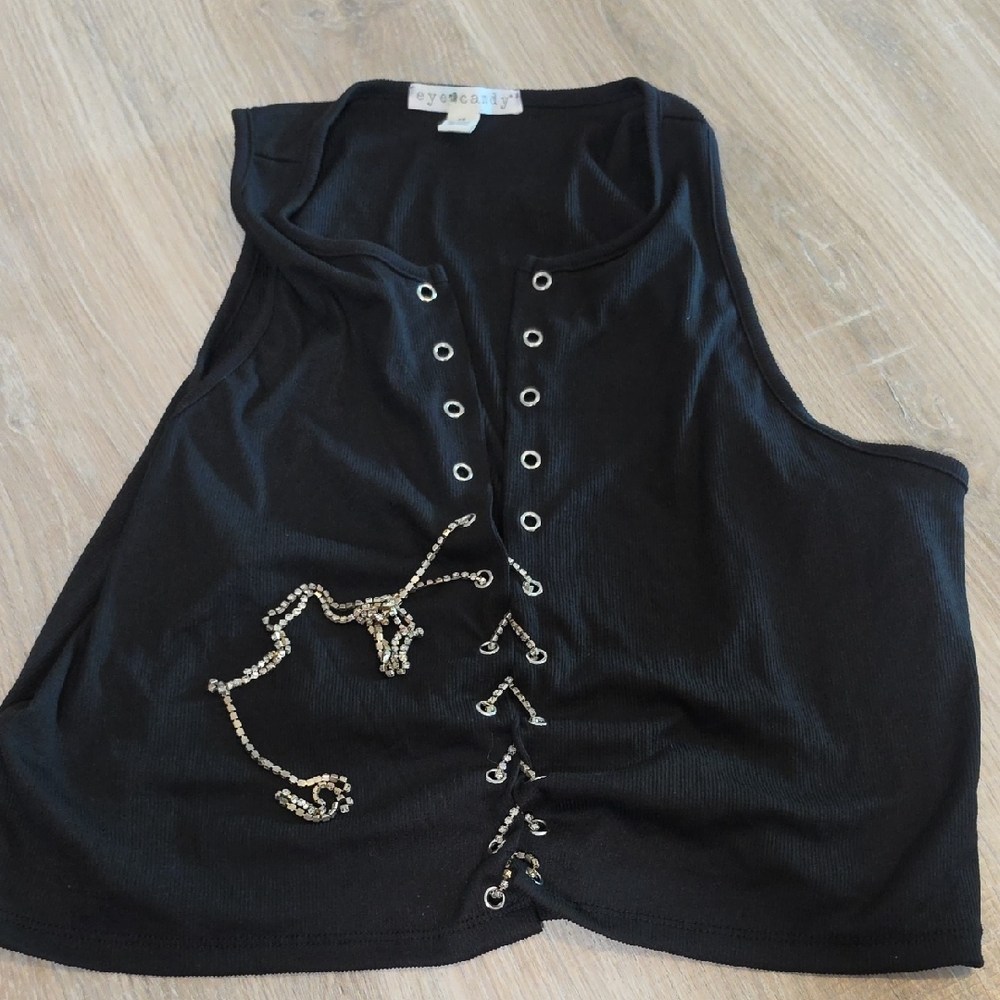 eye candy Black Lace-Up Grommet Tank Top with Rhinestone Accent